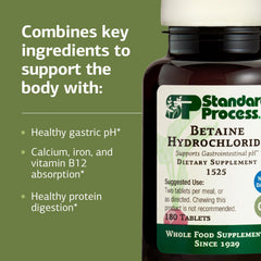 Standard Process Betaine HCl ingredients label highlights bottle acid source for stomach pH.