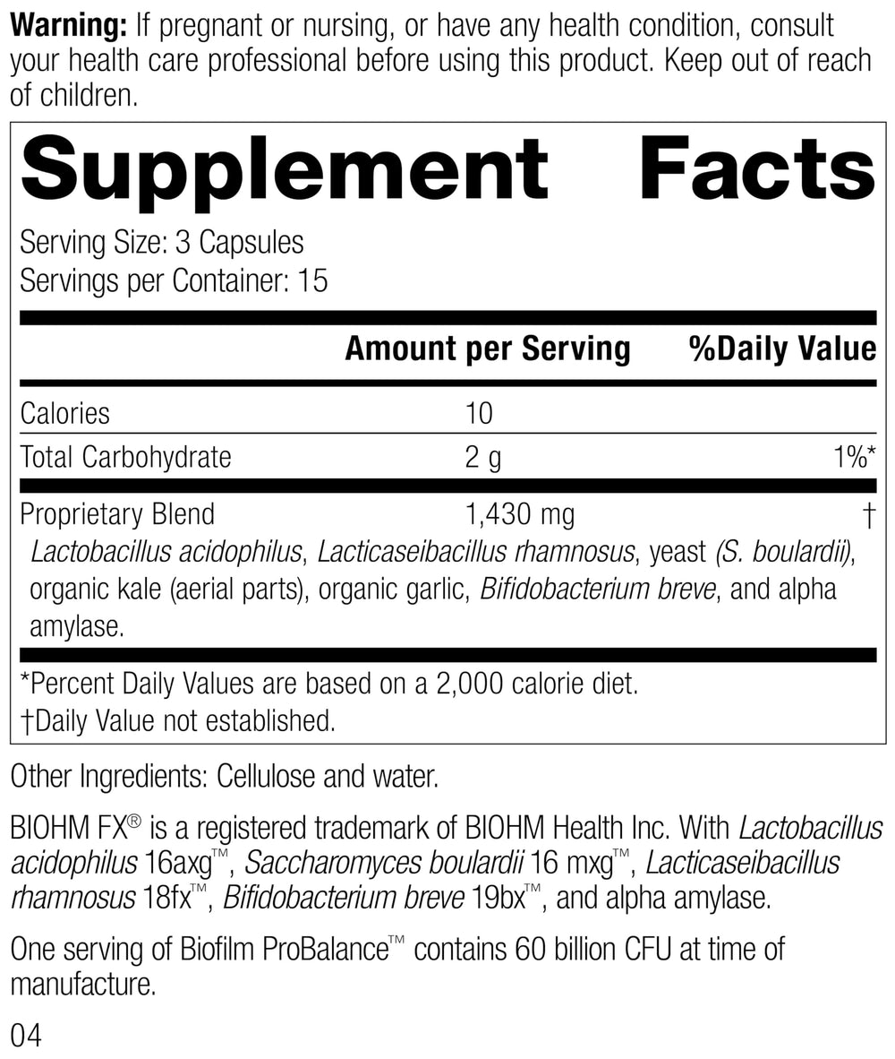 Biofilm ProBalance capsules highlight probiotic gut balance support.
