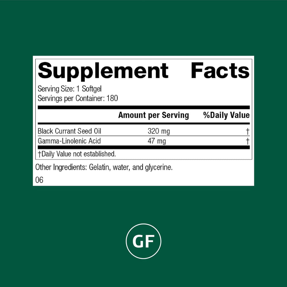 Close-up of Standard Process black currant seed oil softgels for immune support.