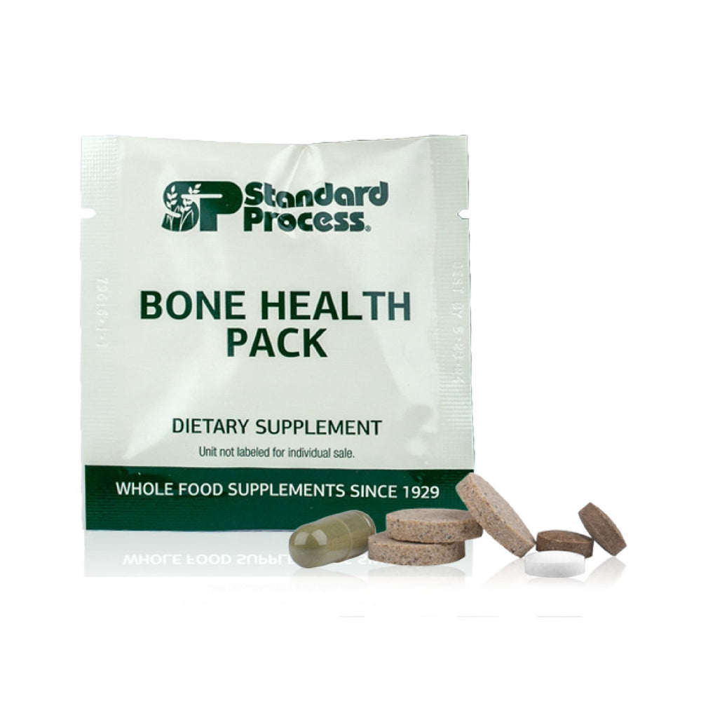 Standard Process Bone Health Pack bottle label highlights calcium and vitamin D support.