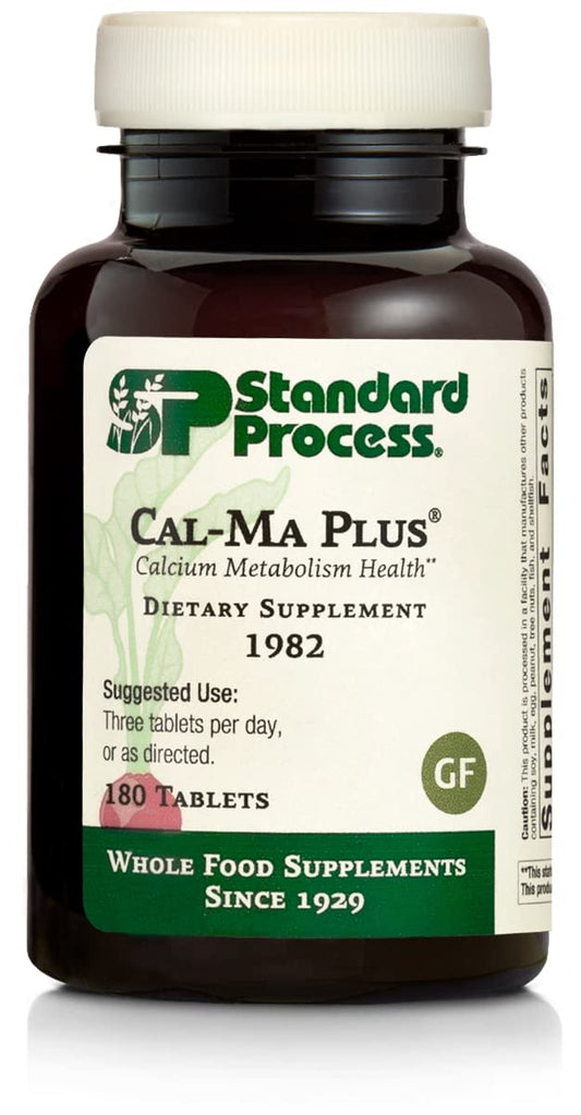 Standard Process Cal-Ma Plus bottle front emphasizes calcium support for bones and nerves.