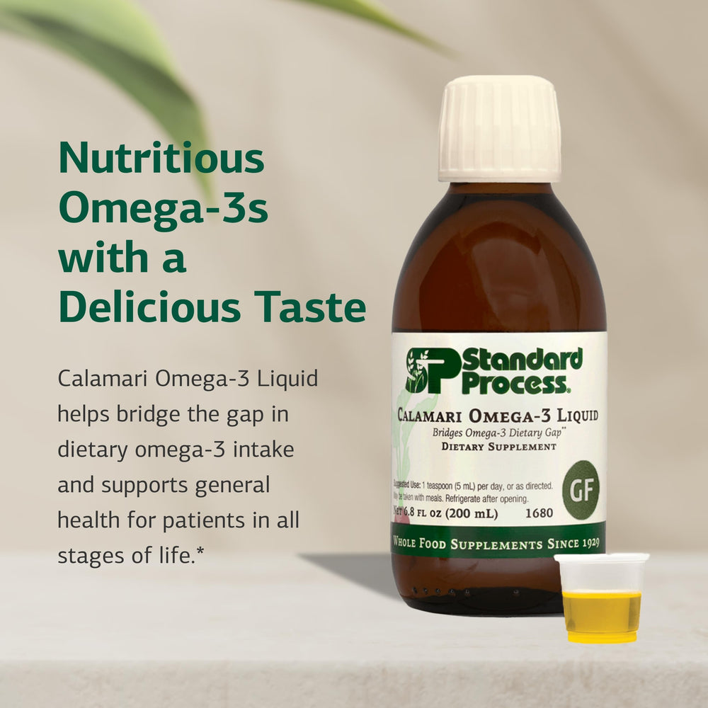 Standard Process Calamari Omega-3 Liquid poured into glass for easy daily use