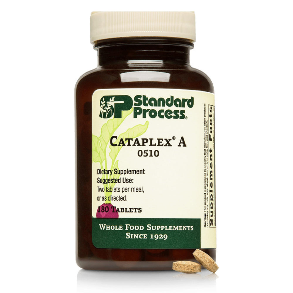 Standard Process Cataplex A bottle label highlights vitamin A for eye health.