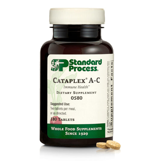 Standard Process Cataplex A-C bottle with capsules for daily immune support.