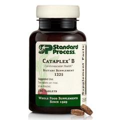 Standard Process Cataplex B bottle close-up showing energy support and heart health potential.