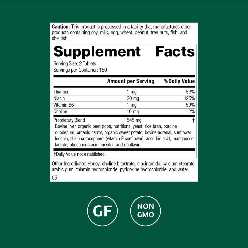 Standard Process Cataplex B-GF tablets closeup showing easy daily intake.