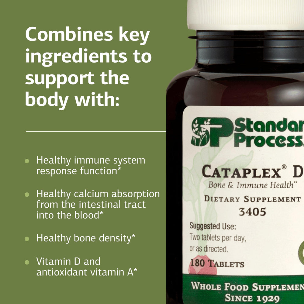 Standard Process Cataplex D bottle pour demonstrates convenient dosing.