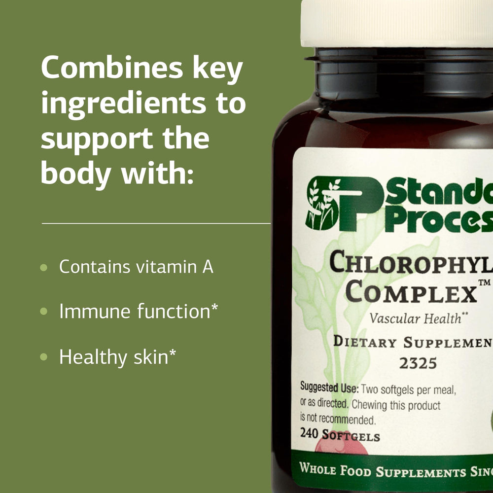 Standard Process Chlorophyll Complex label closeup highlights ingredients and nutrition details.