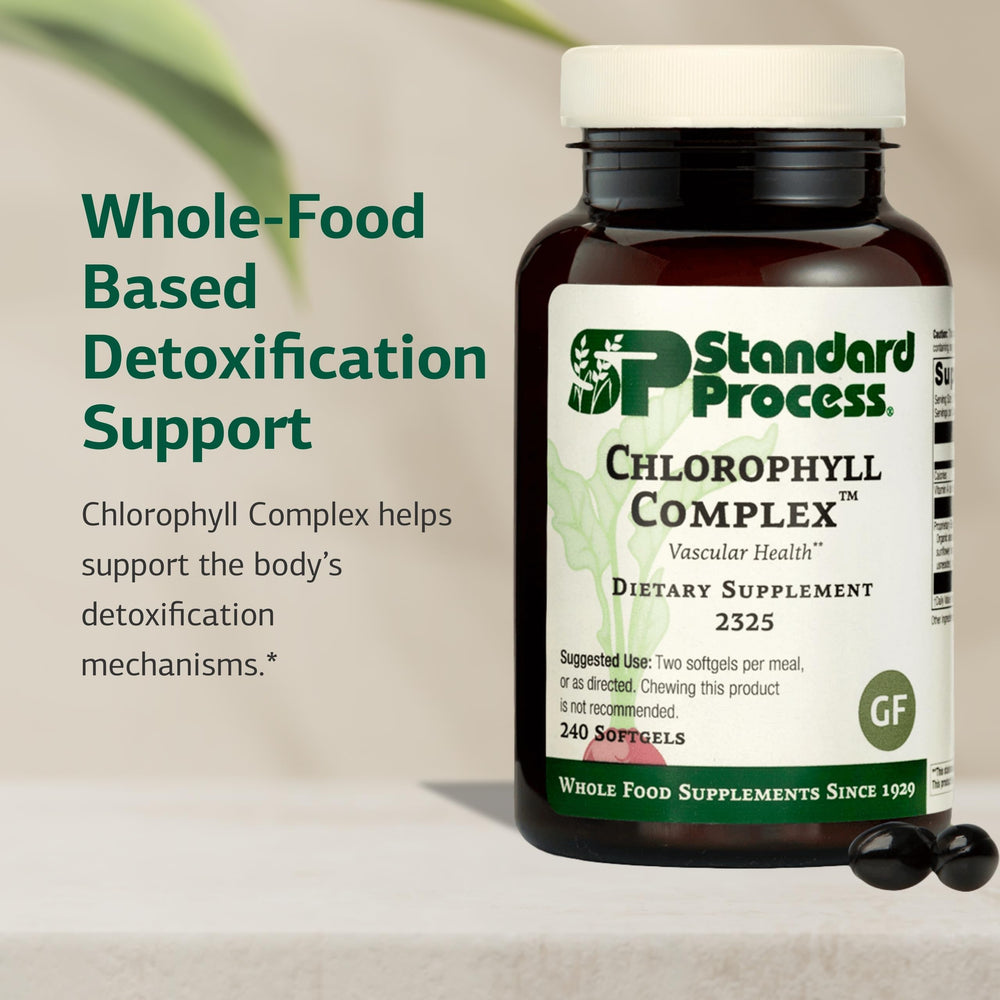 Standard Process Chlorophyll Complex softgels show the convenient capsules for daily use.