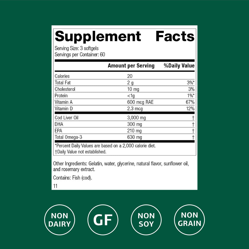 Standard Process Cod Liver Oil bottle label close-up showing vitamins A and D for immune support.