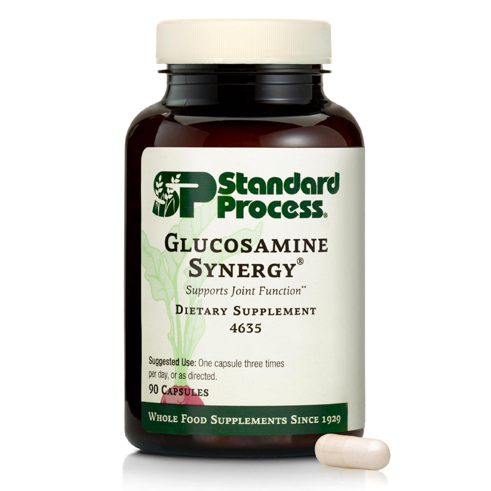 Standard Process Glucosamine Synergy bottle demonstrates joint health support from whole-food ingredients.
