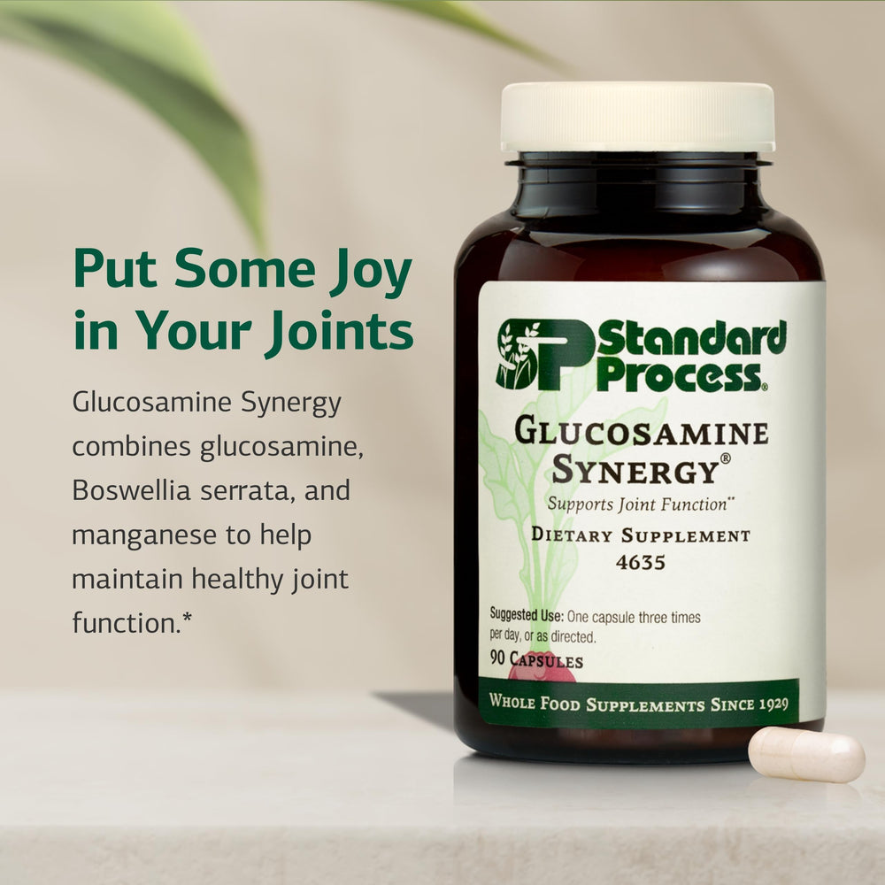 Standard Process Glucosamine Synergy label highlights glucosamine and boswellia serrata for joint function.