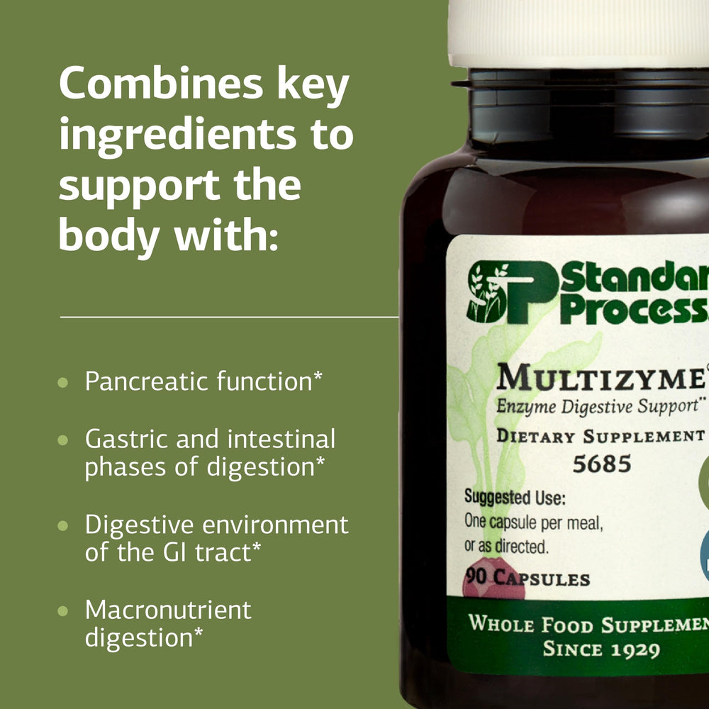 Close-up of Multizyme capsules beside a meal signaling macronutrient digestion