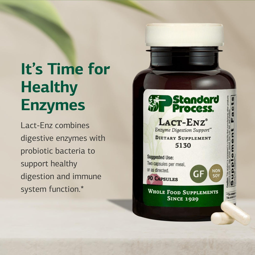 Standard Process Lact-ENZ label closeup showing gluten-free, dairy-free, and soy-free claims.