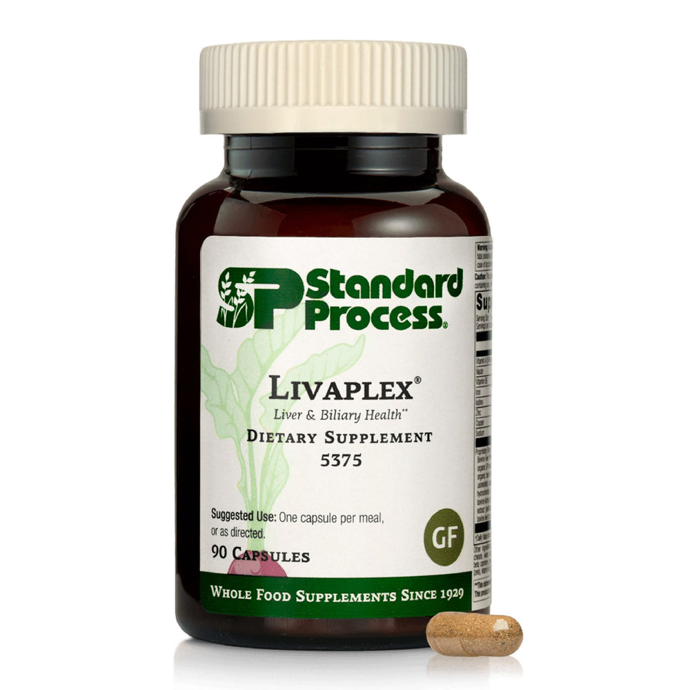 Standard Process Livaplex bottle label clearly shows 90 capsules for daily support.