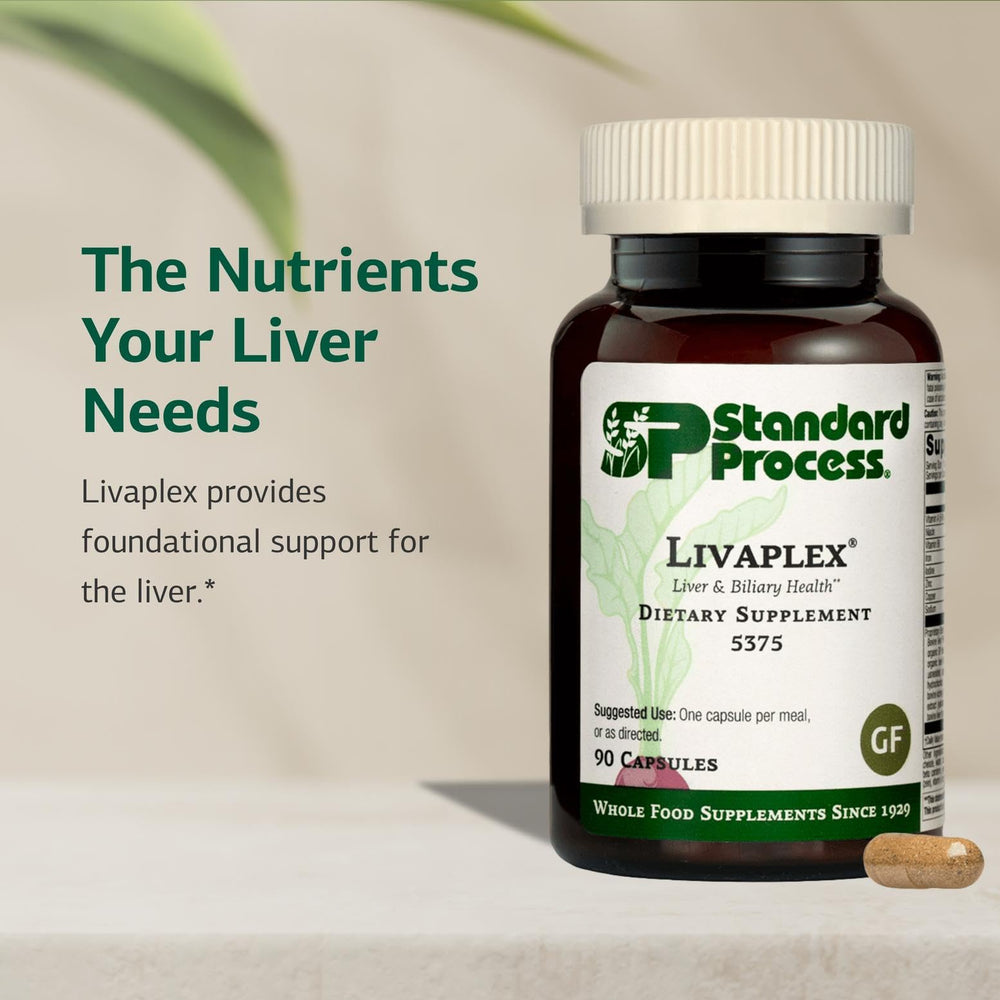 Livaplex bottle being poured suggests simple integration into meals.