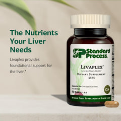 Livaplex bottle being poured suggests simple integration into meals.