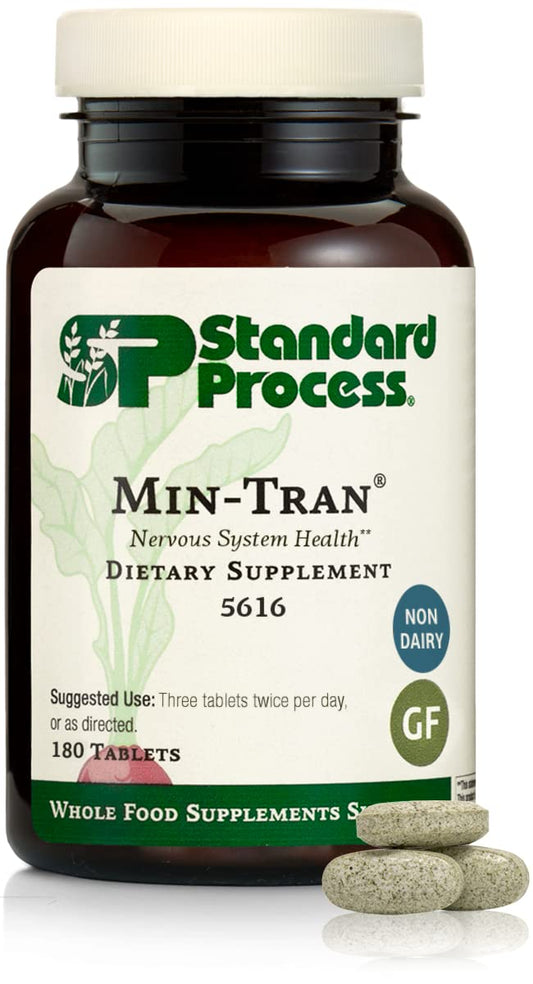 Standard Process Min-Tran bottle front highlighting nervous system support and gluten-free formulation