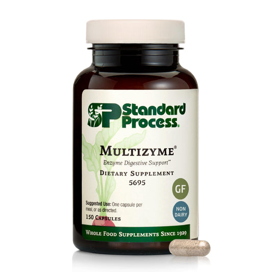 Standard Process Multizyme bottle with pancreatic enzymes for digestion support.