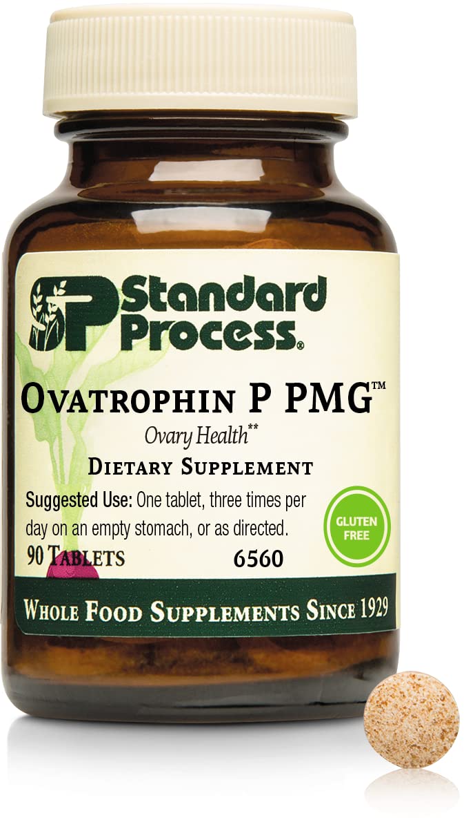 Standard Process Ovatrophin PMG 90t bottle highlighting minerals, nucleotides, and peptides for ovarian support.
