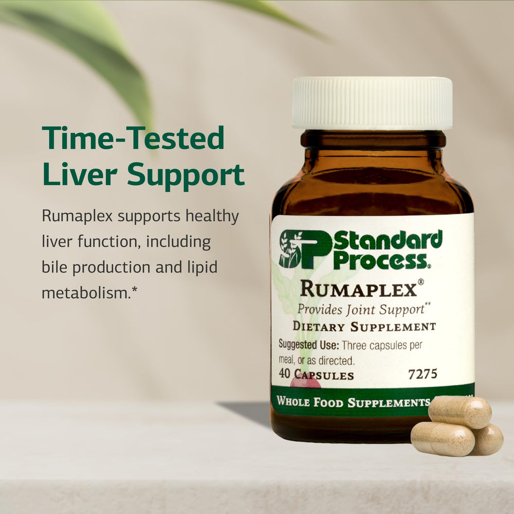 Standard Process Rumaplex bottle label with vitamin A and niacin info.
