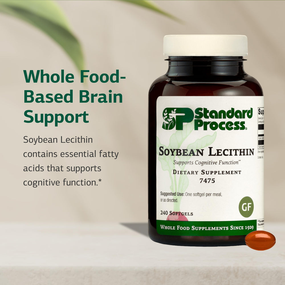 Standard Process Soybean Lecithin softgel capsules on plate support liver and nerve function