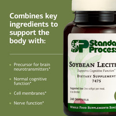 Standard Process Soybean Lecithin bottle pour shows daily dosage guidance for brain function