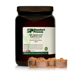 Standard Process SP Complete canister with chocolate powder for muscle support and antioxidant activity.