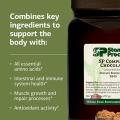 Close-up of SP Complete chocolate powder label highlighting essential amino acids and dietary fiber.