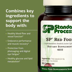 Close-up of Standard Process SP Red Food capsules emphasizing vegan, non-GMO formula.