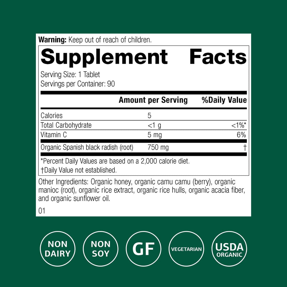 Standard Process Spanish Black Radish bottle side view highlighting gluten-free formulation.