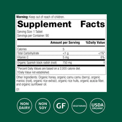 Standard Process Spanish Black Radish bottle side view highlighting gluten-free formulation.