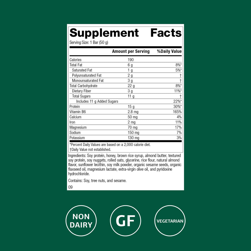 Standard Process StandardBar Soy Almond Crunch ingredients panel showing soy and almonds for daily nutrients.