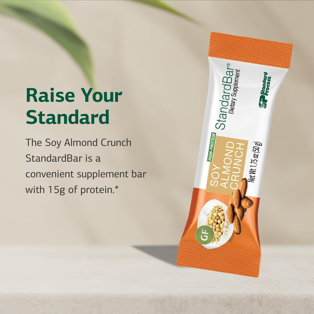 Standard Process StandardBar Soy Almond Crunch nutrition facts highlighting 15 g protein per bar.
