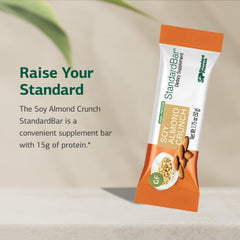 Standard Process StandardBar Soy Almond Crunch nutrition facts highlighting 15 g protein per bar.