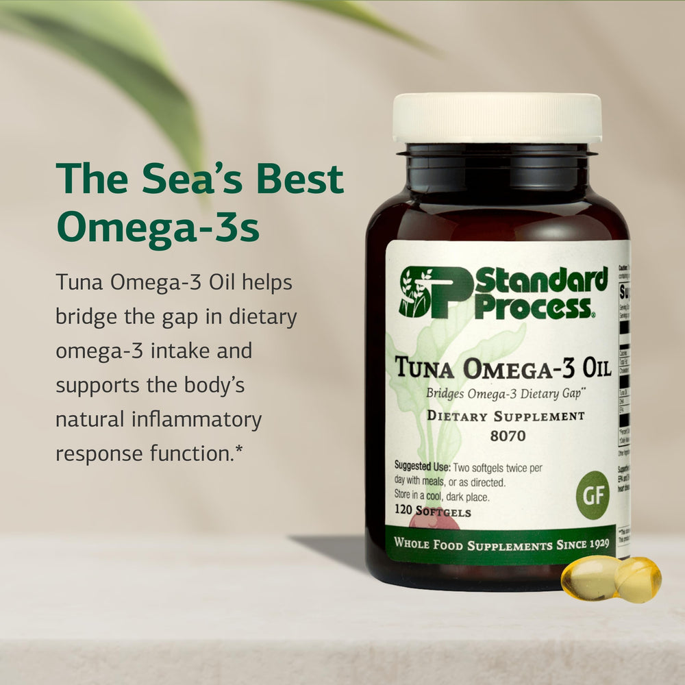 Label close-up showing EPA and DHA information on Standard Process tuna omega-3 oil