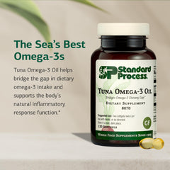 Label close-up showing EPA and DHA information on Standard Process tuna omega-3 oil