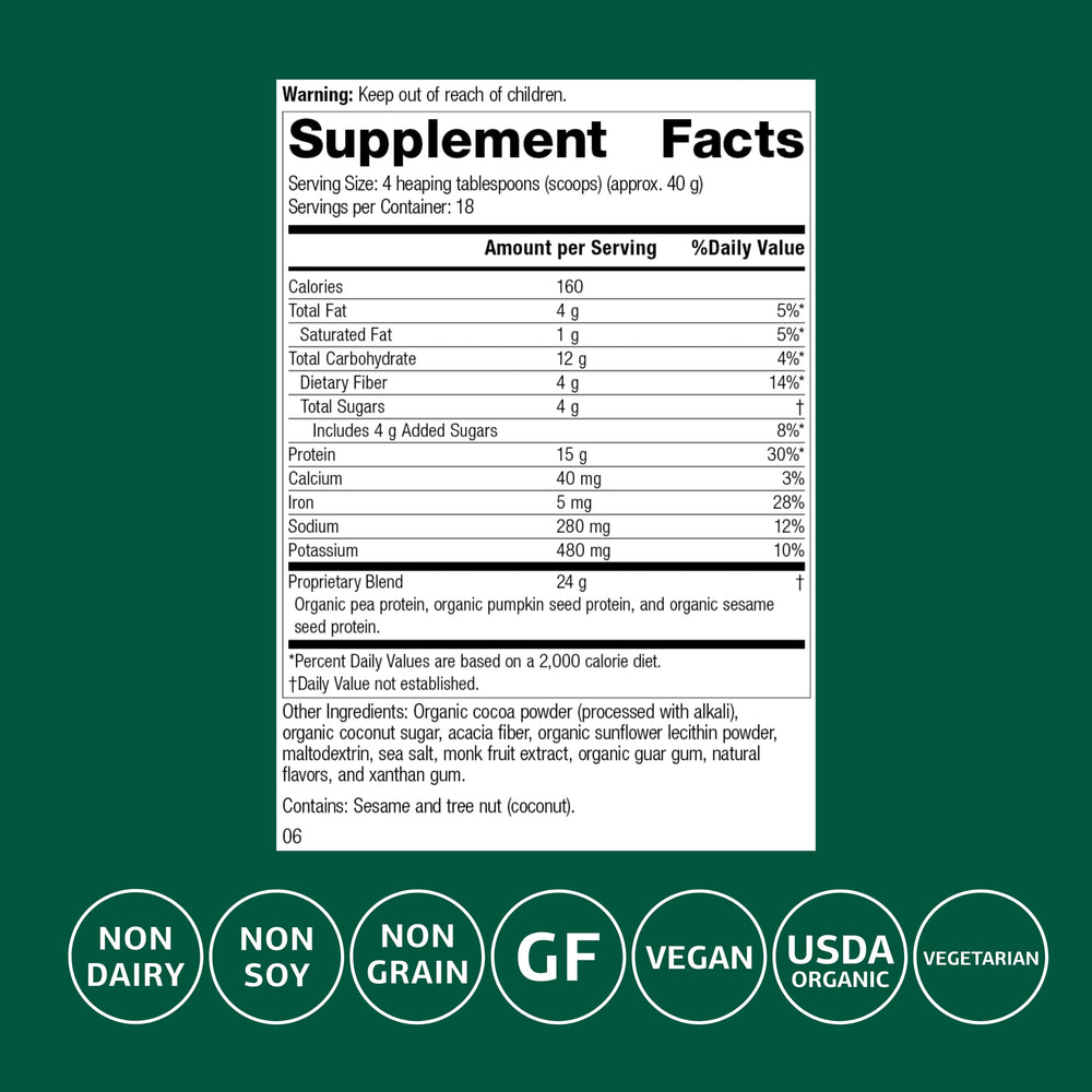 Standard Process Veg-E Complete Pro label, highlighting organic ingredients and iron-rich protein