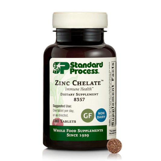 Standard Process Zinc Chelate bottle front highlighting immune support and skin health benefits.