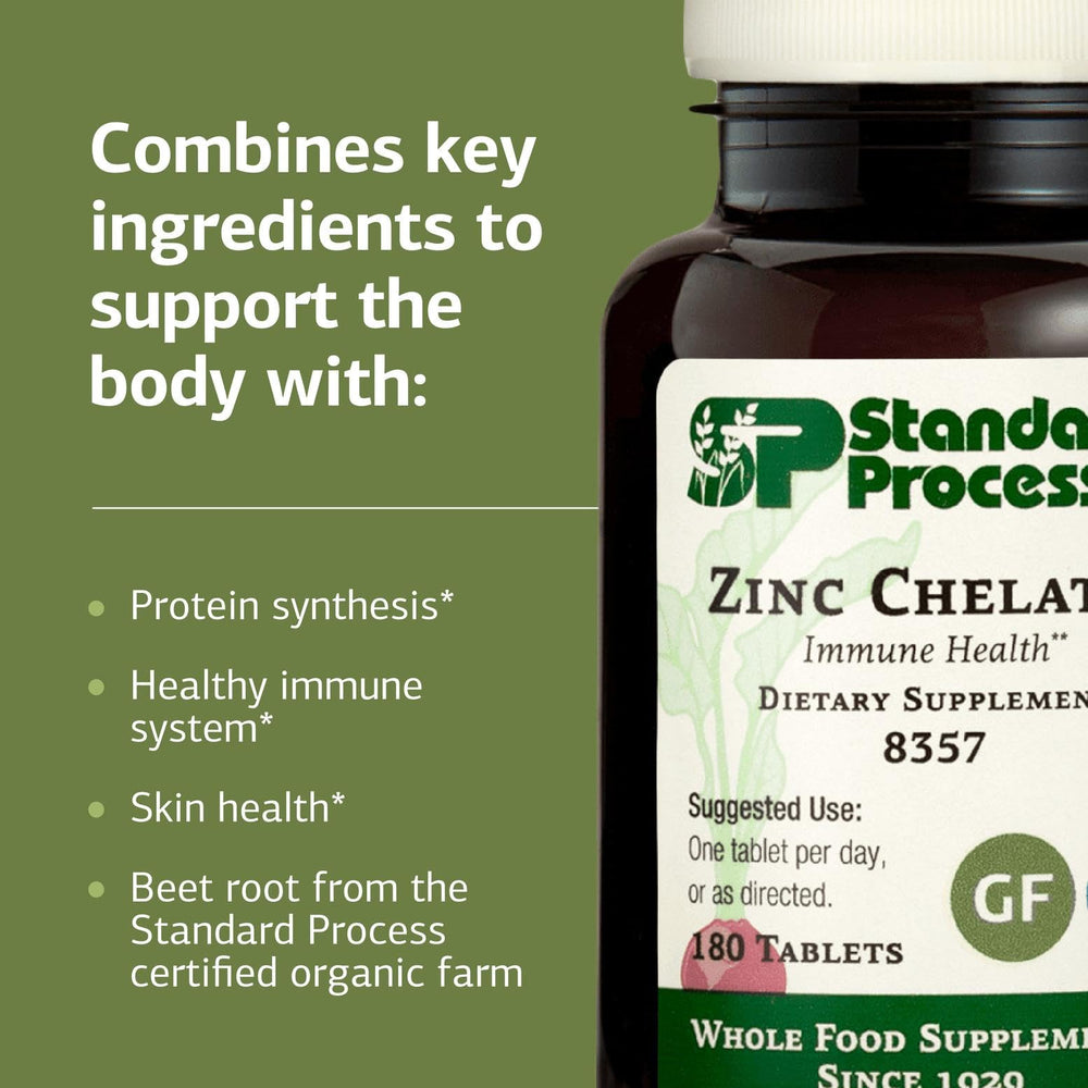 Standard Process Zinc Chelate bottle label close-up highlighting gluten-free and non-dairy options.