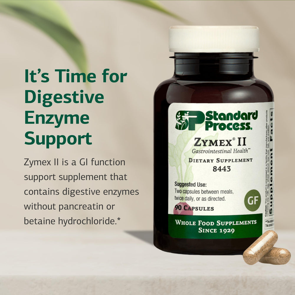 Standard Process Zymex II bottle open with capsules visible for digestive enzyme aid