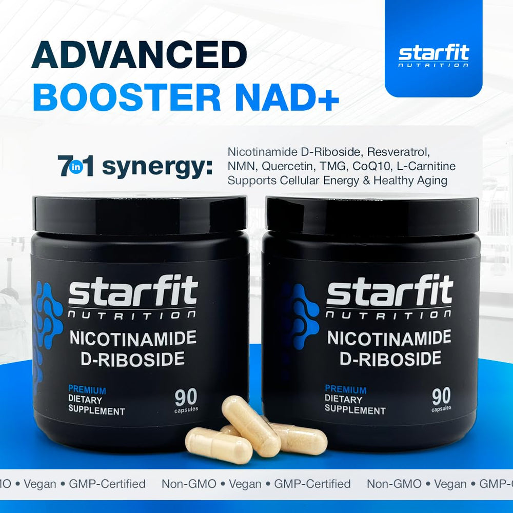 STARFIT nicotinamide d-riboside capsules closeup emphasizes easy-to-swallow design.