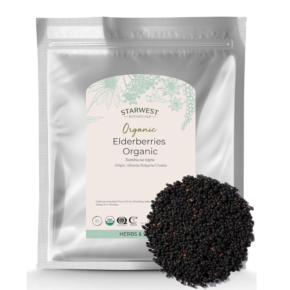 Starwest Botanicals organic elderberries dried close-up for tea and syrups.