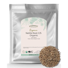 Starwest Botanicals nettle root dried bag shows rich earthy aroma ideal for soups.