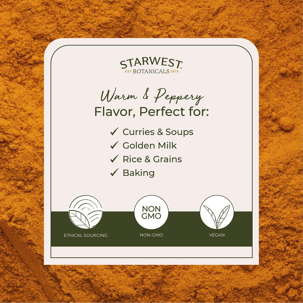 Starwest organic turmeric powder on spice rack for everyday seasoning.