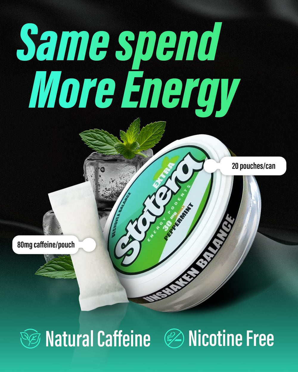 Statera energy pouches closeup showing 80 mg caffeine per pouch for a clear energy boost.