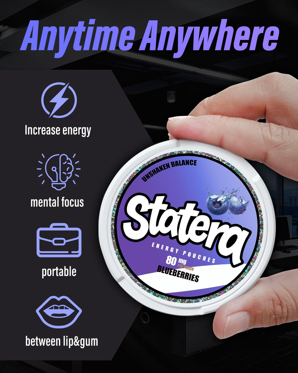 Statera Energy Pouches in pocket-ready use for discreet energy.