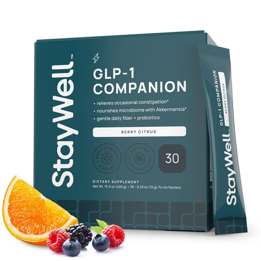 Stay-Well Naturals GLP-1 Constipation Support bottle in Berry Citrus promotes digestive balance.