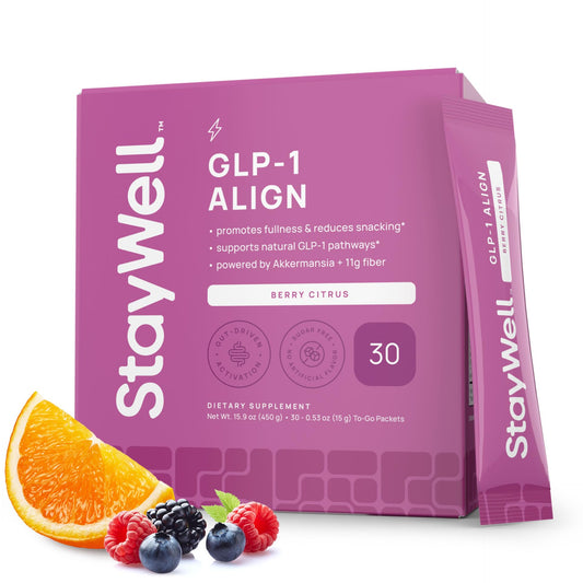 Stay-Well Naturals GLP-1 Probiotic bottle with Berry Citrus flavor for daily gut-friendly support.