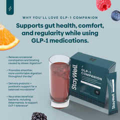 Stay-Well Naturals GLP-1 Berry Citrus drink mix dissolving in water.